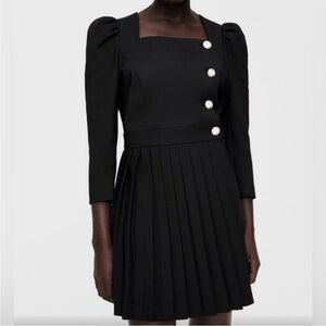 Zara Black Mini Dress with Pleated Skirt and Button Accents